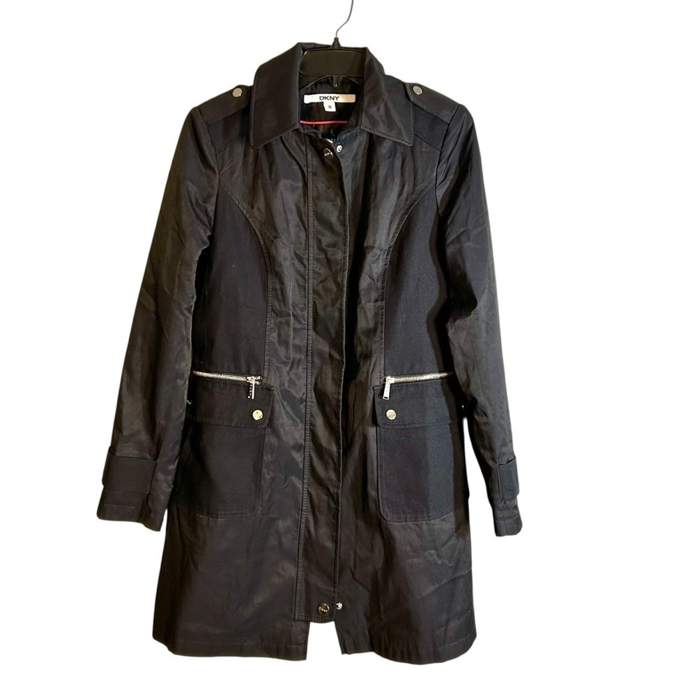 DKNY Car Trench Coat Navy Blue Snap Zip Lined Military Epaulettes Womens Size M